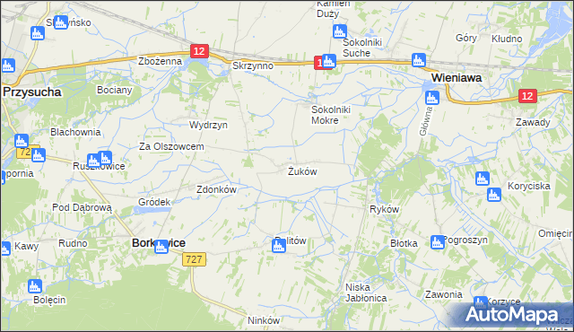 mapa Żuków gmina Wieniawa, Żuków gmina Wieniawa na mapie Targeo