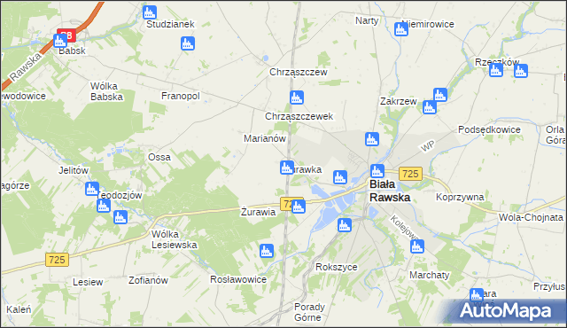 mapa Żurawka gmina Biała Rawska, Żurawka gmina Biała Rawska na mapie Targeo