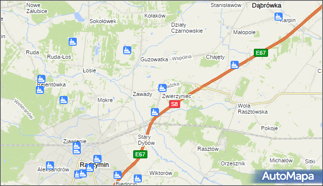 mapa Zwierzyniec gmina Radzymin, Zwierzyniec gmina Radzymin na mapie Targeo