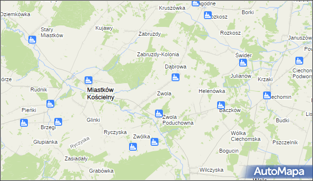 mapa Zwola gmina Miastków Kościelny, Zwola gmina Miastków Kościelny na mapie Targeo