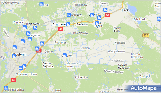 mapa Zwoleń gmina Gostynin, Zwoleń gmina Gostynin na mapie Targeo