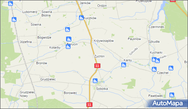 mapa Żychlin gmina Gołuchów, Żychlin gmina Gołuchów na mapie Targeo