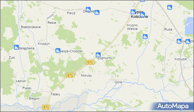 mapa Zygmunty gmina Krypno, Zygmunty gmina Krypno na mapie Targeo
