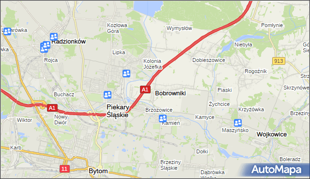 mapa Bobrowniki powiat będziński, Bobrowniki powiat będziński na mapie Targeo