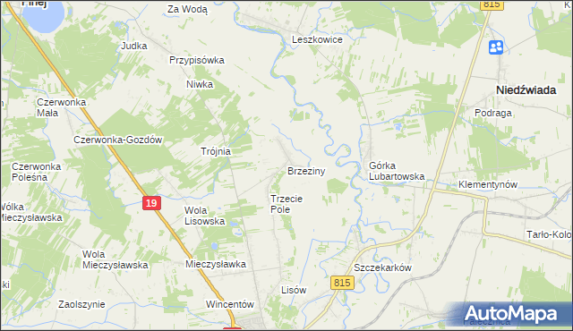 mapa Brzeziny gmina Lubartów, Brzeziny gmina Lubartów na mapie Targeo