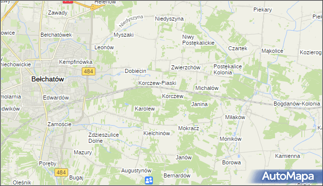 mapa Korczew gmina Bełchatów, Korczew gmina Bełchatów na mapie Targeo