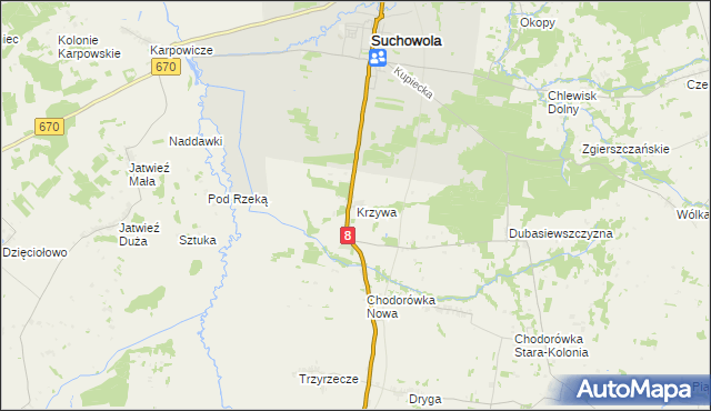 mapa Krzywa gmina Suchowola, Krzywa gmina Suchowola na mapie Targeo