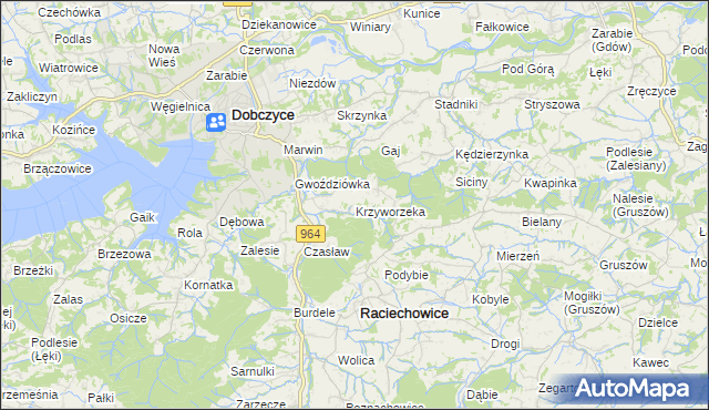 mapa Krzyworzeka gmina Raciechowice, Krzyworzeka gmina Raciechowice na mapie Targeo