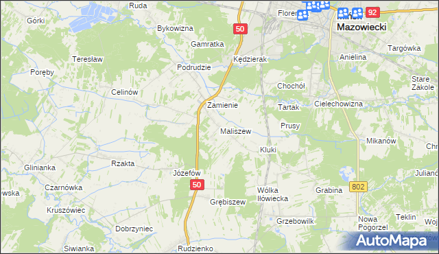 mapa Maliszew gmina Mińsk Mazowiecki, Maliszew gmina Mińsk Mazowiecki na mapie Targeo