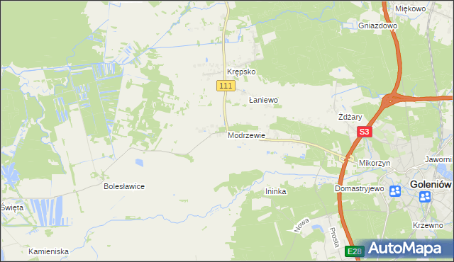 mapa Modrzewie gmina Goleniów, Modrzewie gmina Goleniów na mapie Targeo