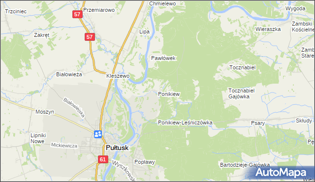 mapa Ponikiew gmina Pułtusk, Ponikiew gmina Pułtusk na mapie Targeo