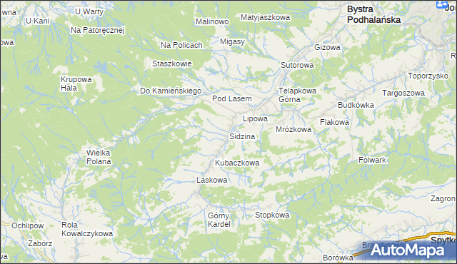 mapa Sidzina gmina Bystra-Sidzina, Sidzina gmina Bystra-Sidzina na mapie Targeo