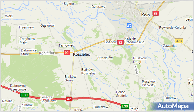 mapa Straszków gmina Kościelec, Straszków gmina Kościelec na mapie Targeo