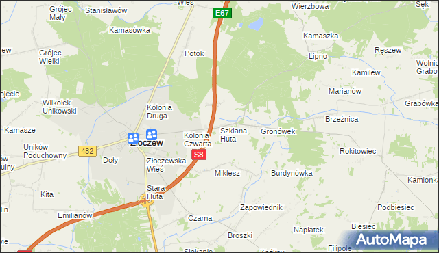 mapa Szklana Huta gmina Złoczew, Szklana Huta gmina Złoczew na mapie Targeo