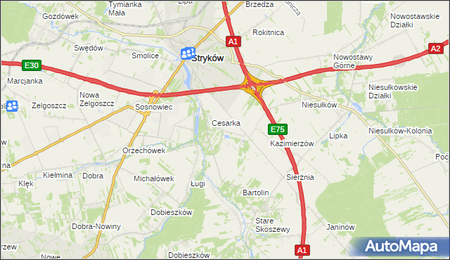 mapa Warszewice gmina Stryków, Warszewice gmina Stryków na mapie Targeo