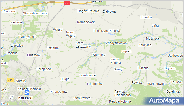 mapa Wierzchy gmina Koluszki, Wierzchy gmina Koluszki na mapie Targeo