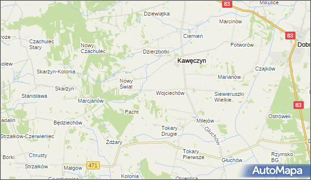 mapa Wojciechów gmina Kawęczyn, Wojciechów gmina Kawęczyn na mapie Targeo