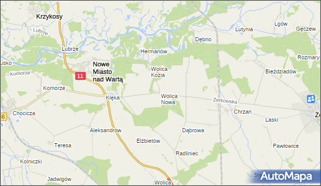 mapa Wolica Nowa gmina Nowe Miasto nad Wartą, Wolica Nowa gmina Nowe Miasto nad Wartą na mapie Targeo