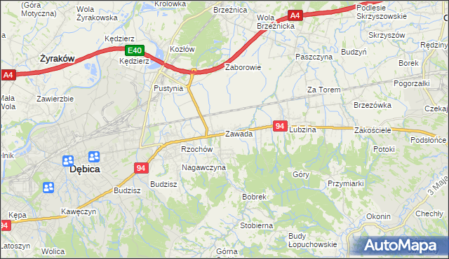 mapa Zawada gmina Dębica, Zawada gmina Dębica na mapie Targeo