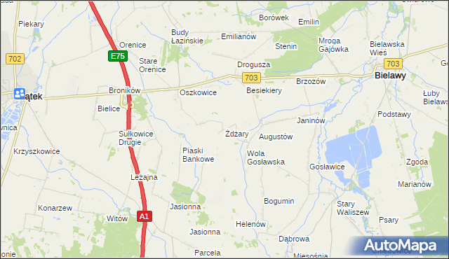 mapa Żdżary gmina Bielawy, Żdżary gmina Bielawy na mapie Targeo