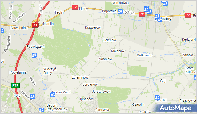 mapa Adamów gmina Brzeziny, Adamów gmina Brzeziny na mapie Targeo