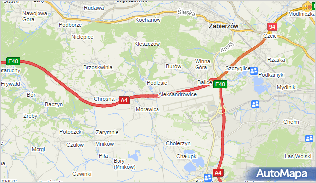 mapa Aleksandrowice gmina Zabierzów, Aleksandrowice gmina Zabierzów na mapie Targeo