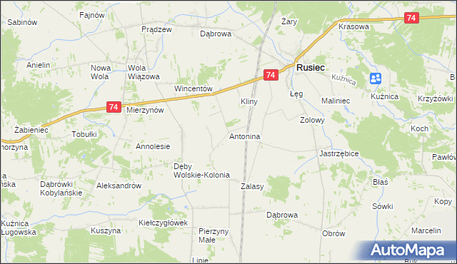 mapa Antonina gmina Rusiec, Antonina gmina Rusiec na mapie Targeo