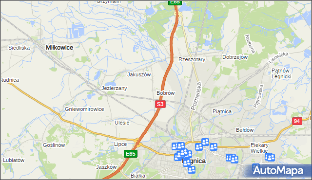 mapa Bobrów gmina Miłkowice, Bobrów gmina Miłkowice na mapie Targeo