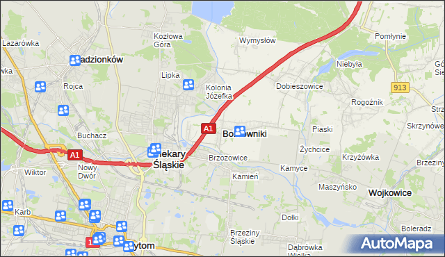 mapa Bobrowniki powiat będziński, Bobrowniki powiat będziński na mapie Targeo