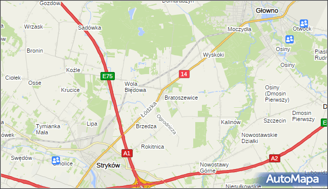 mapa Bratoszewice, Bratoszewice na mapie Targeo