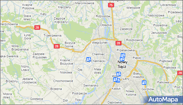 mapa Chełmiec powiat nowosądecki, Chełmiec powiat nowosądecki na mapie Targeo