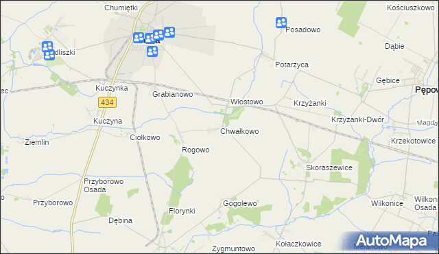 mapa Chwałkowo gmina Krobia, Chwałkowo gmina Krobia na mapie Targeo