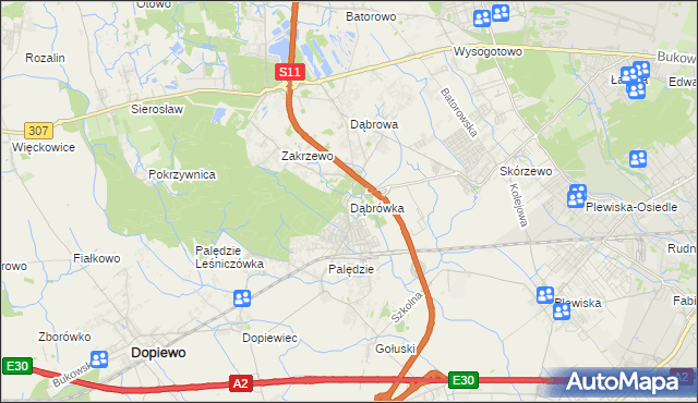 mapa Dąbrówka gmina Dopiewo, Dąbrówka gmina Dopiewo na mapie Targeo