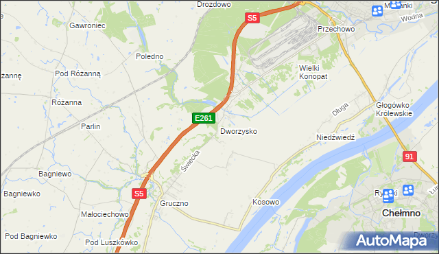 mapa Dworzysko gmina Świecie, Dworzysko gmina Świecie na mapie Targeo