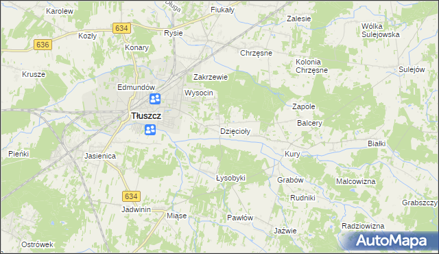 mapa Dzięcioły gmina Tłuszcz, Dzięcioły gmina Tłuszcz na mapie Targeo