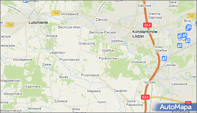mapa Florentynów gmina Lutomiersk, Florentynów gmina Lutomiersk na mapie Targeo