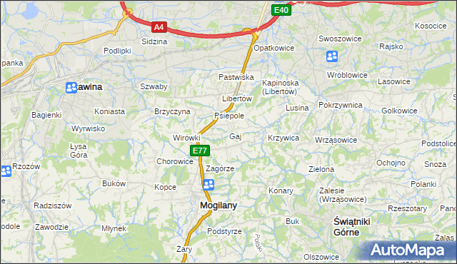 mapa Gaj gmina Mogilany, Gaj gmina Mogilany na mapie Targeo