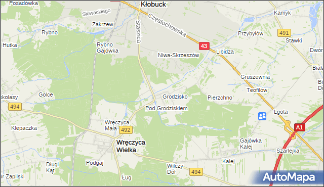 mapa Grodzisko gmina Wręczyca Wielka, Grodzisko gmina Wręczyca Wielka na mapie Targeo