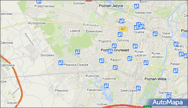 mapa Grunwald gmina Poznań, Grunwald gmina Poznań na mapie Targeo