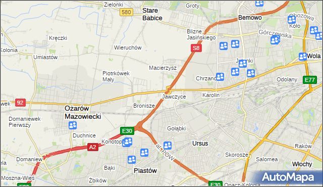 mapa Jawczyce gmina Ożarów Mazowiecki, Jawczyce gmina Ożarów Mazowiecki na mapie Targeo