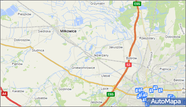 mapa Jezierzany gmina Miłkowice, Jezierzany gmina Miłkowice na mapie Targeo