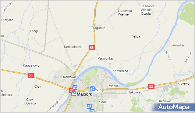 mapa Kamionka gmina Malbork, Kamionka gmina Malbork na mapie Targeo