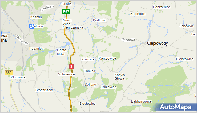 mapa Karczowice gmina Ciepłowody, Karczowice gmina Ciepłowody na mapie Targeo