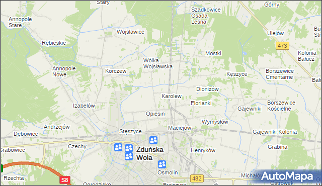 mapa Karolew gmina Zduńska Wola, Karolew gmina Zduńska Wola na mapie Targeo