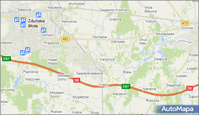 mapa Karsznice gmina Zduńska Wola, Karsznice gmina Zduńska Wola na mapie Targeo