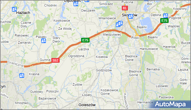 mapa Kisielów gmina Goleszów, Kisielów gmina Goleszów na mapie Targeo