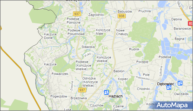 mapa Kończyce Wielkie, Kończyce Wielkie na mapie Targeo