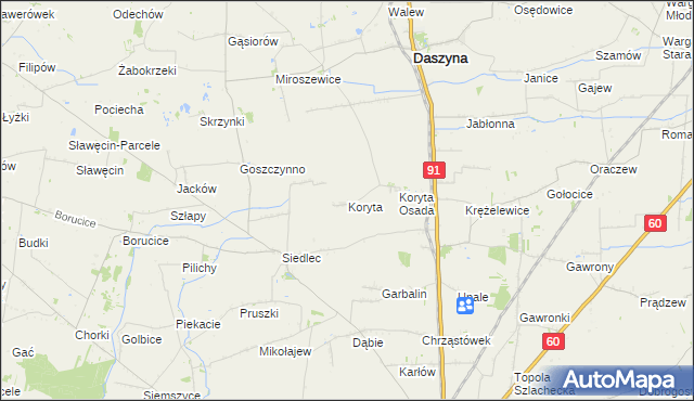 mapa Koryta gmina Daszyna, Koryta gmina Daszyna na mapie Targeo