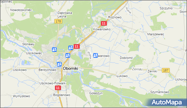 mapa Kowanowo gmina Oborniki, Kowanowo gmina Oborniki na mapie Targeo