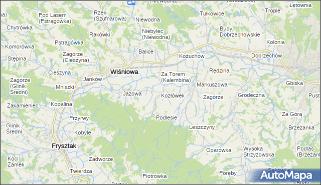 mapa Kozłówek gmina Wiśniowa, Kozłówek gmina Wiśniowa na mapie Targeo